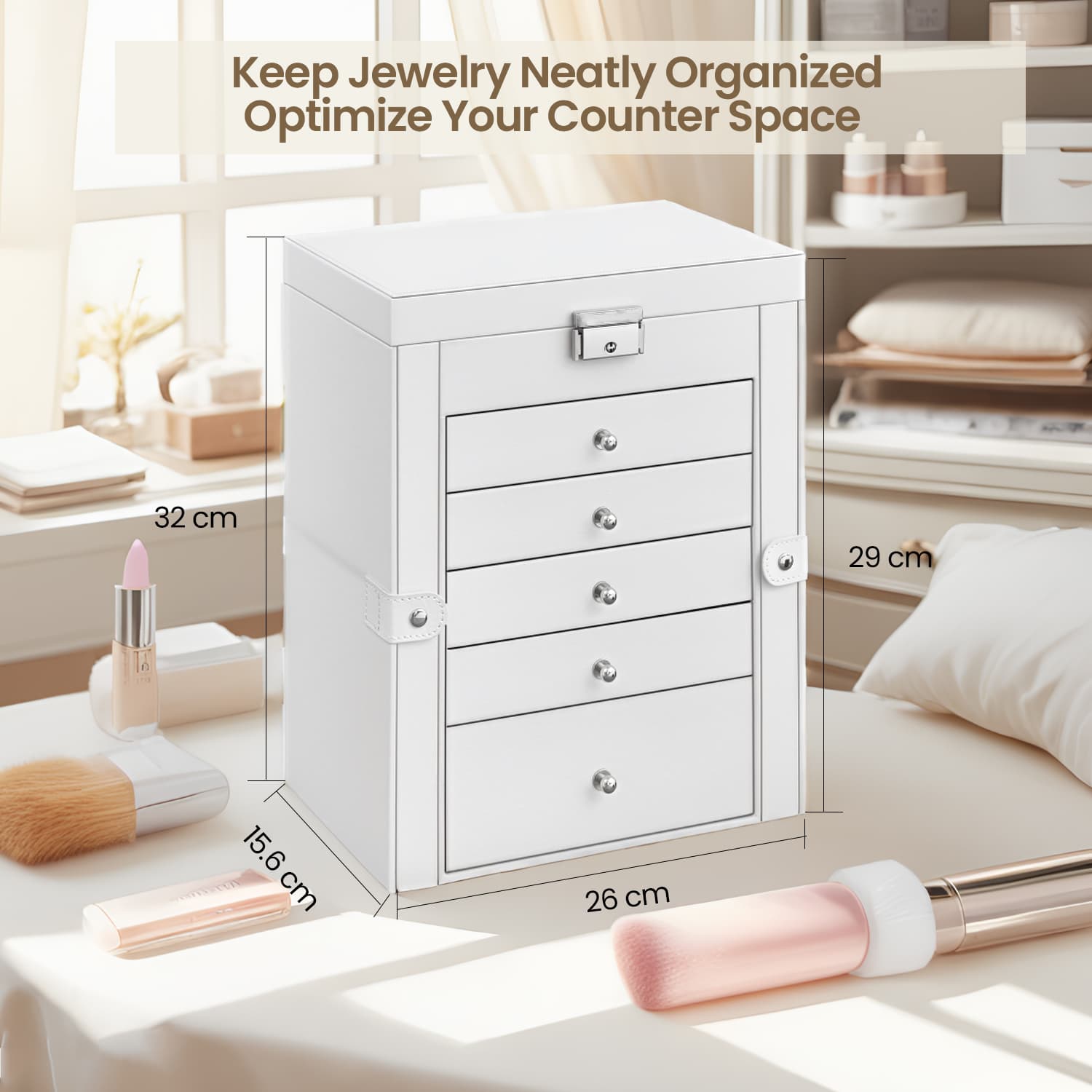 Jewellery Box - Wood - White - 6 Tiers with Mirror and Lockable Design