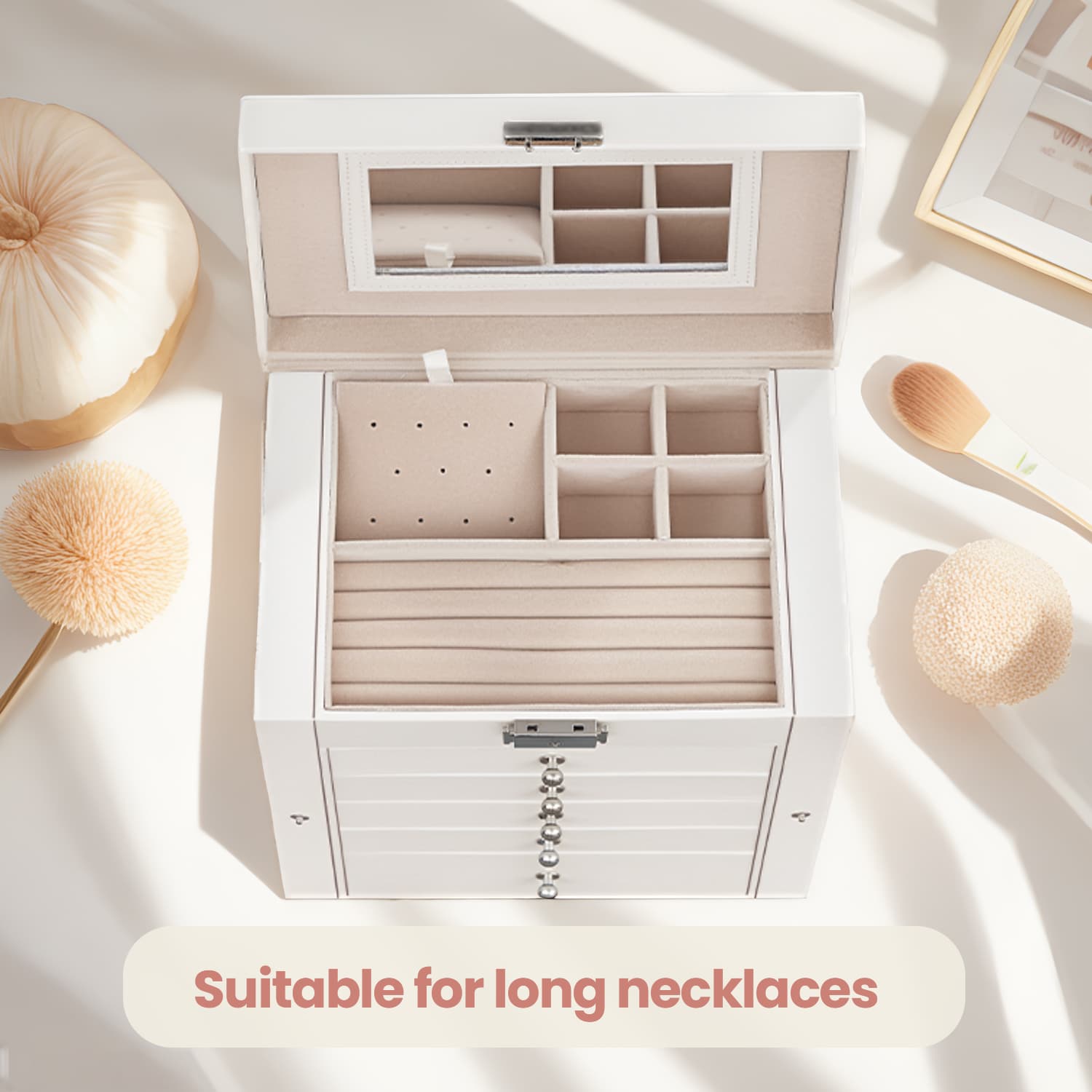 Jewellery Box - Wood - White - 6 Tiers with Mirror and Lockable Design