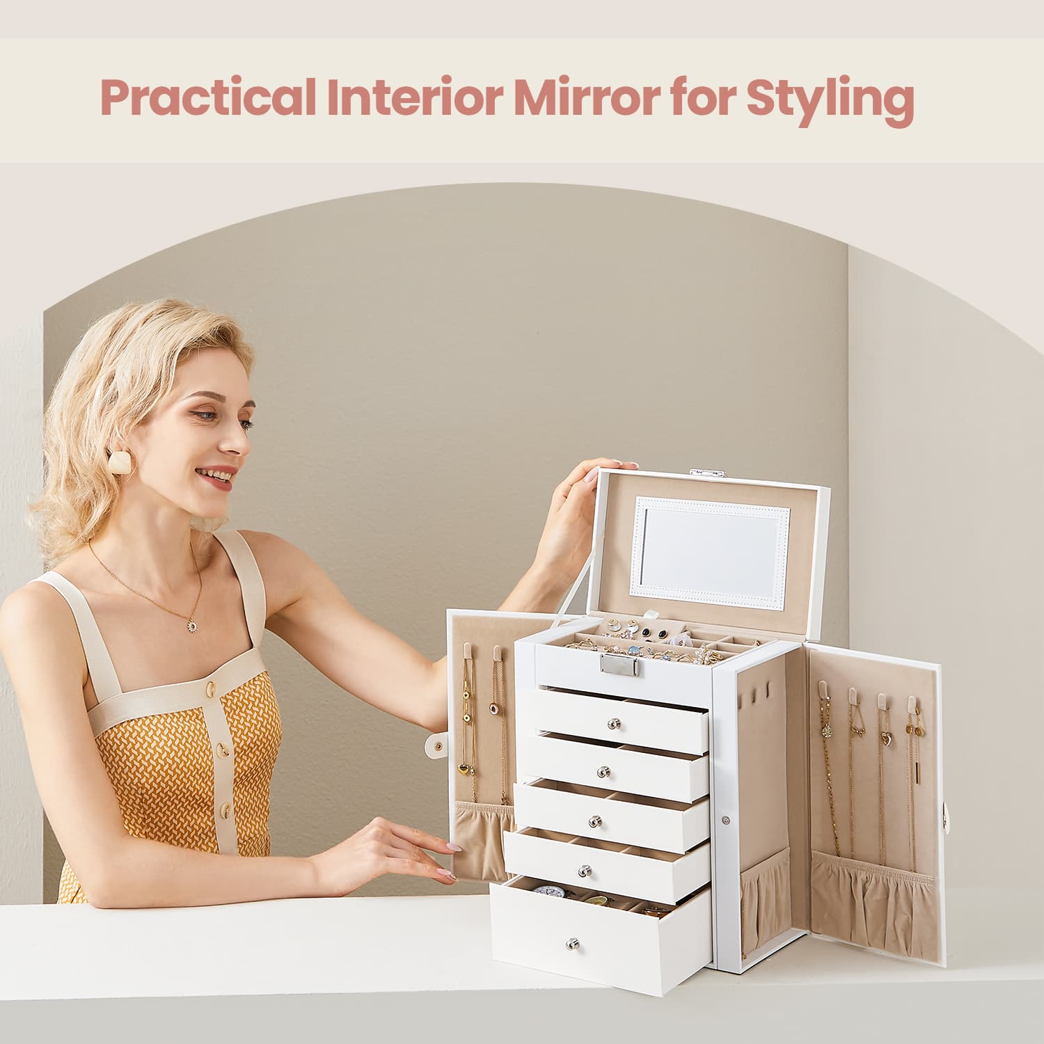 Jewellery Box - Wood - White - 6 Tiers with Mirror and Lockable Design