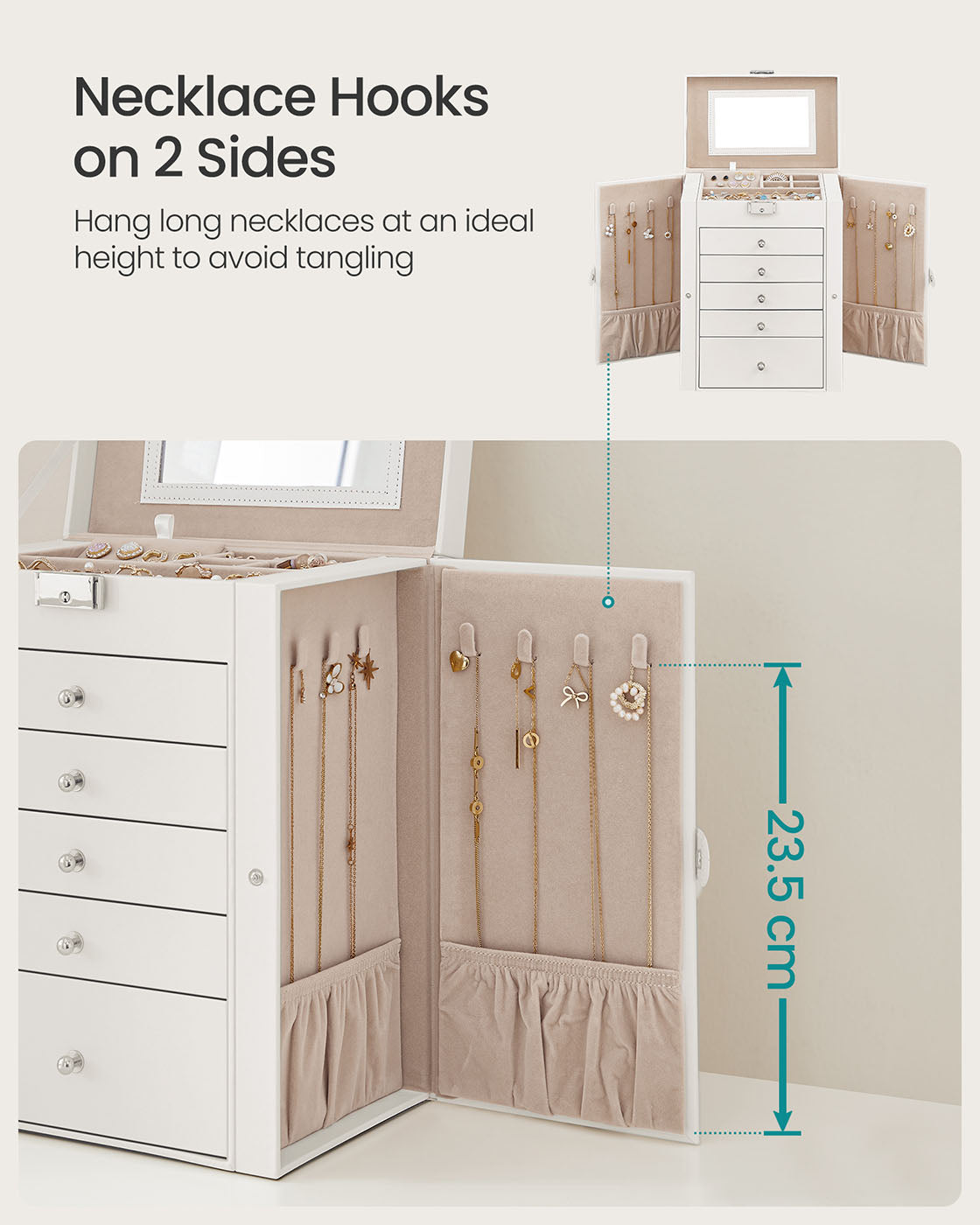6-Tier Jewellery Box - Wood - White - With Side Wings
