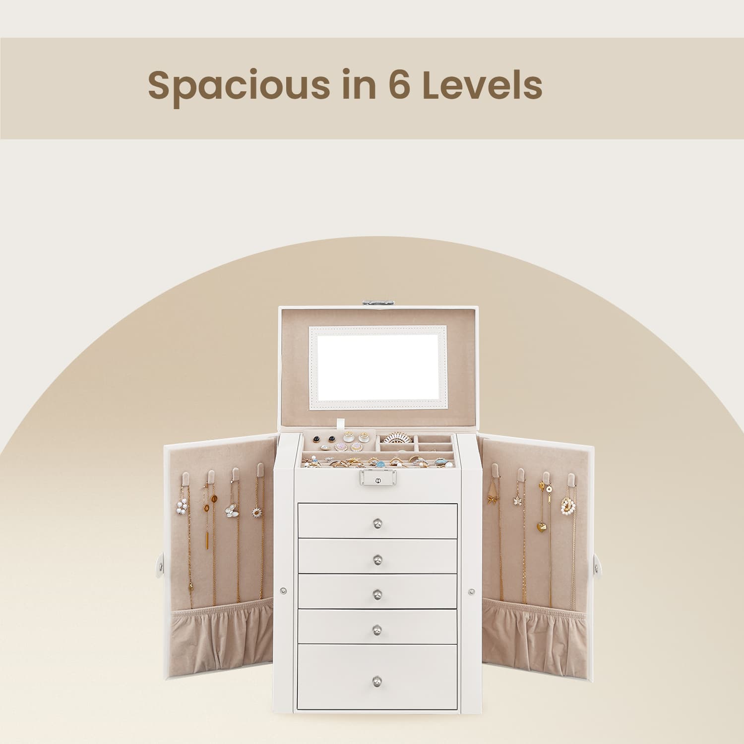 Jewellery Box - Wood - White - 6 Tiers with Mirror and Lockable Design