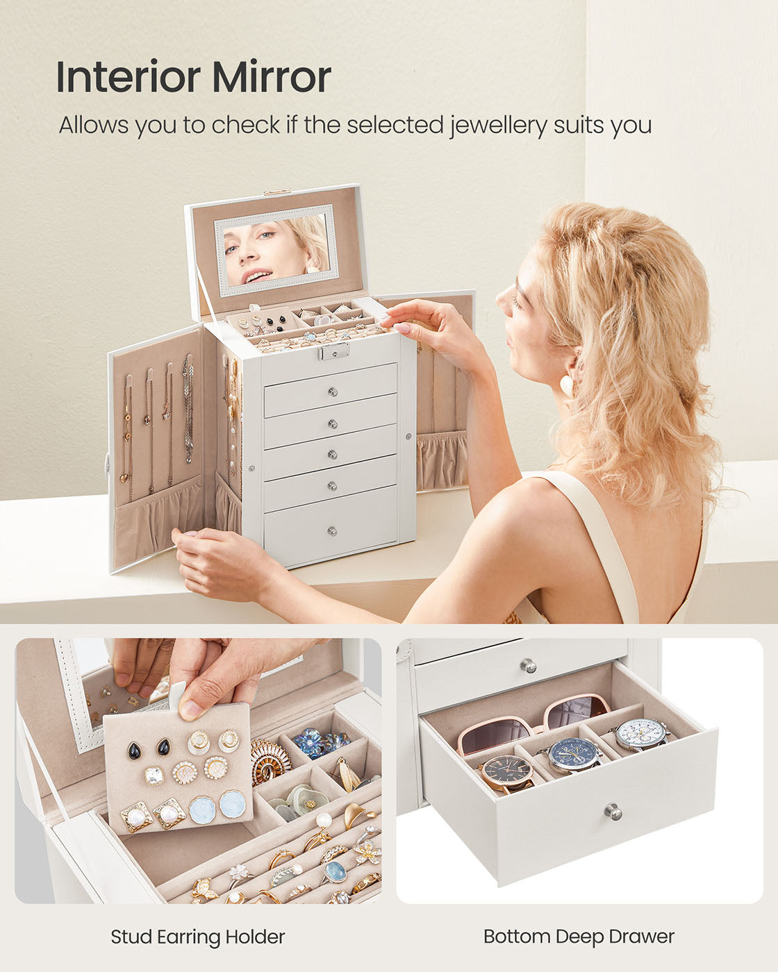 6-Tier Jewellery Box - Wood - White - With Side Wings