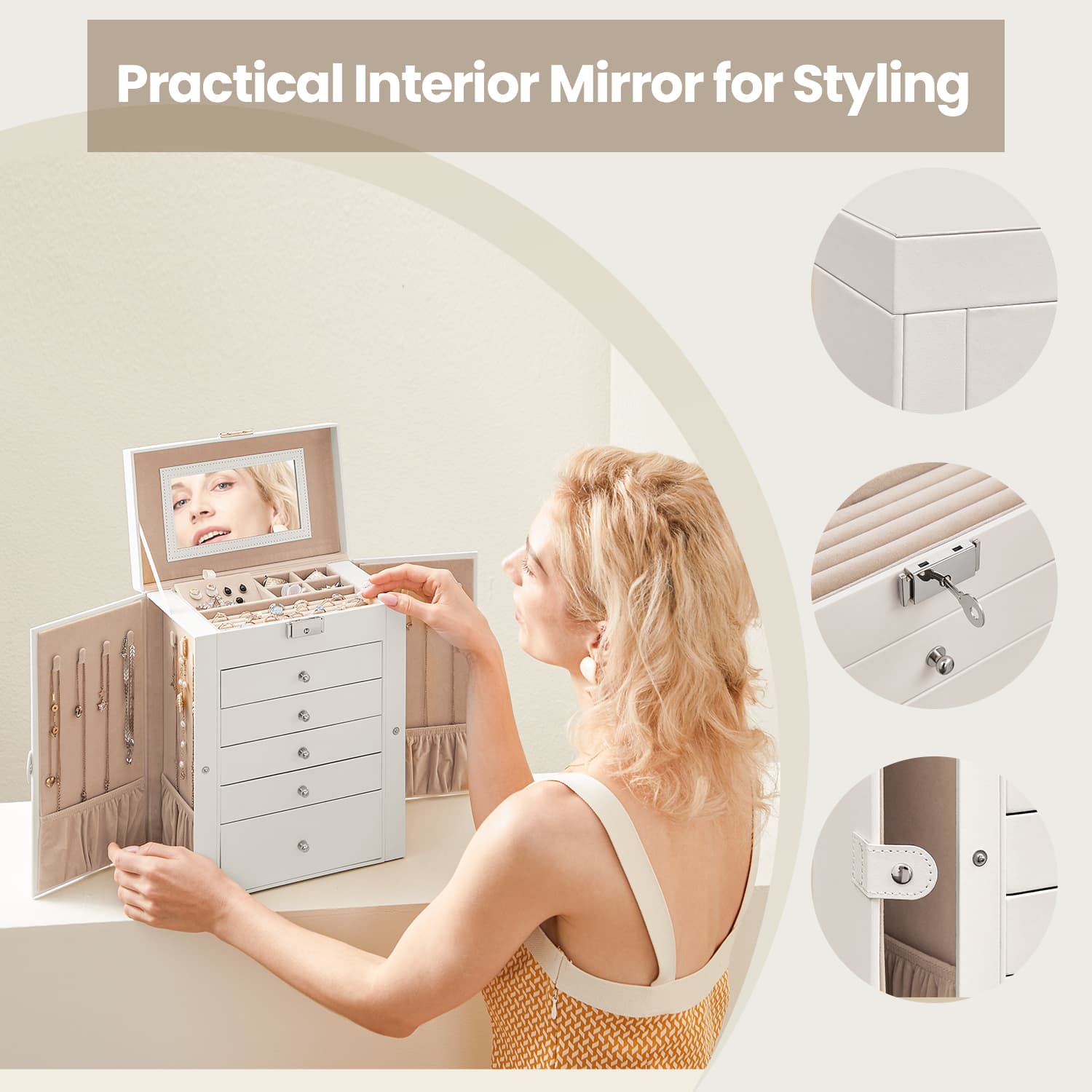 Jewellery Box - Wood - White - 6 Tiers with Mirror and Lockable Design