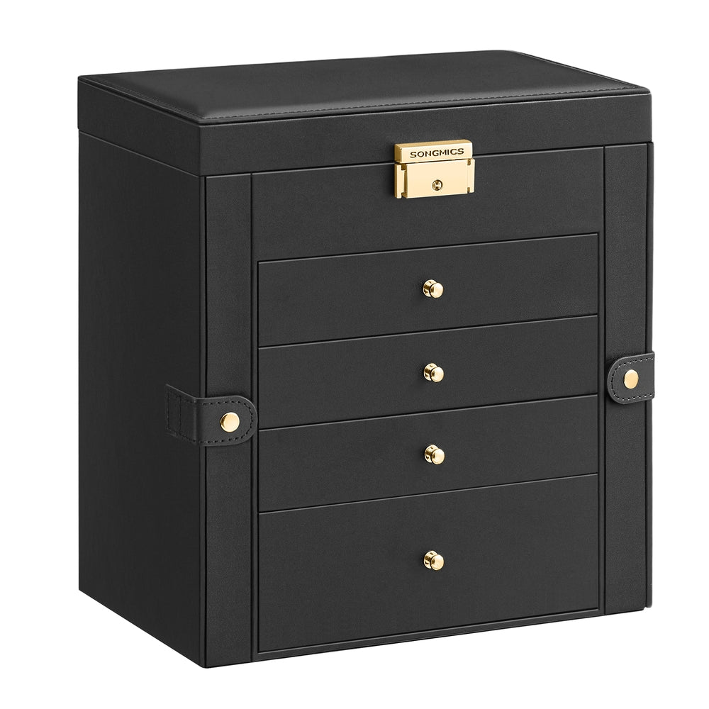 Jewellery Box 5 Layers 4 Drawers Mirror - PU and MDF - Ink Black