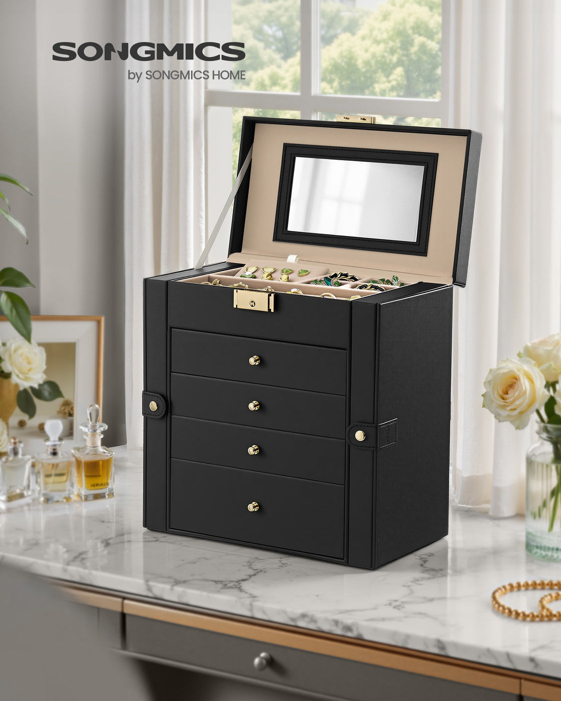 Jewellery Box 5 Layers 4 Drawers Mirror - PU and MDF - Ink Black