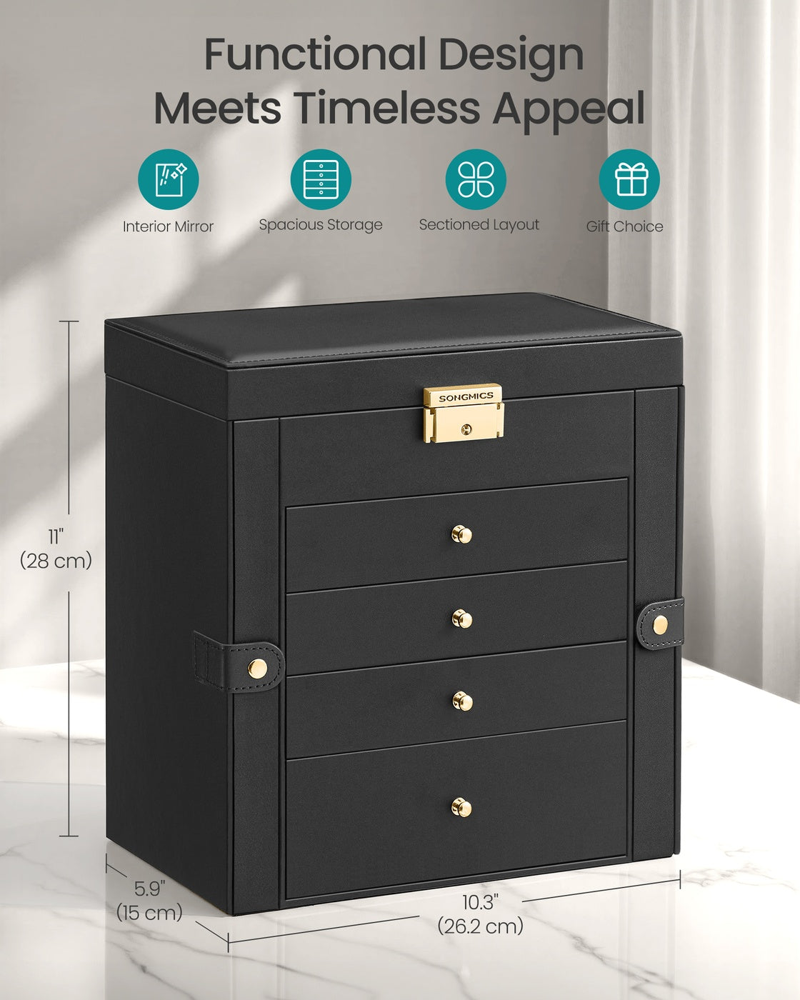 Jewellery Box 5 Layers 4 Drawers Mirror - PU and MDF - Ink Black