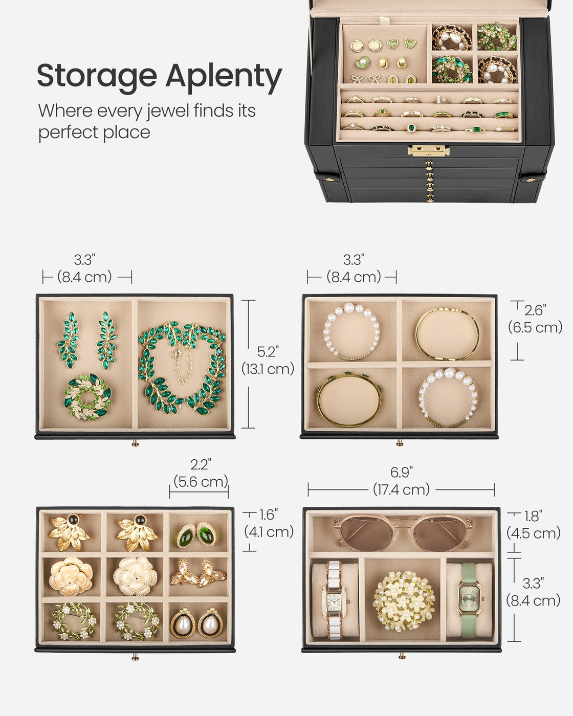 Jewellery Box 5 Layers 4 Drawers Mirror - PU and MDF - Ink Black