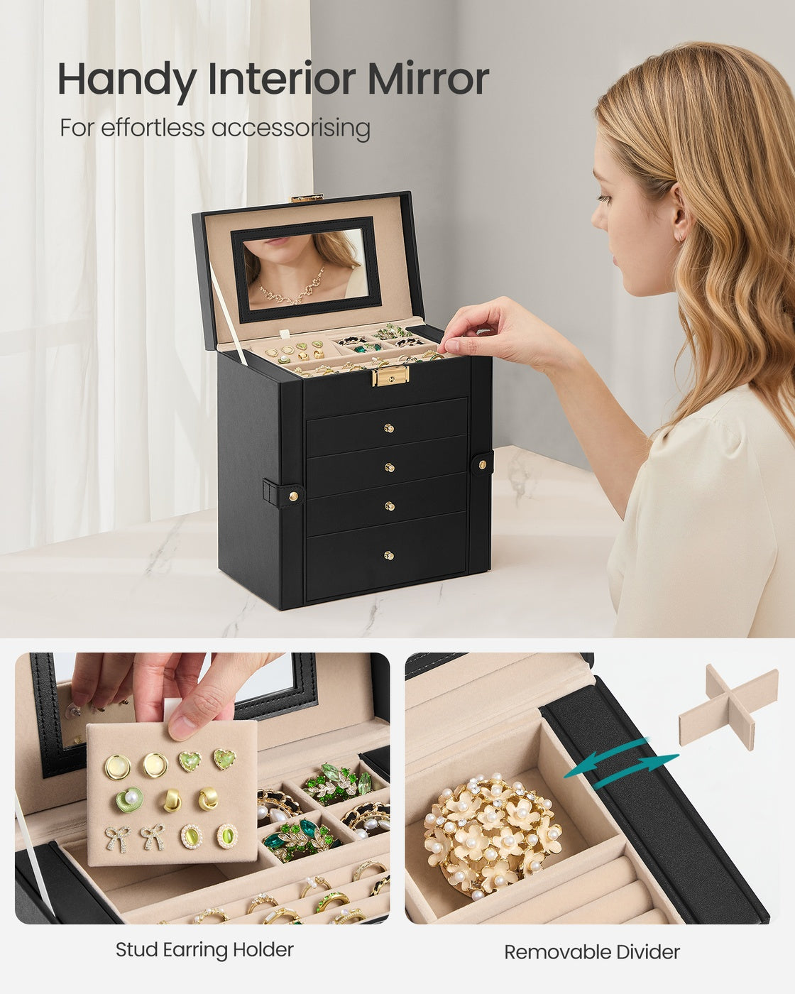Jewellery Box 5 Layers 4 Drawers Mirror - PU and MDF - Ink Black