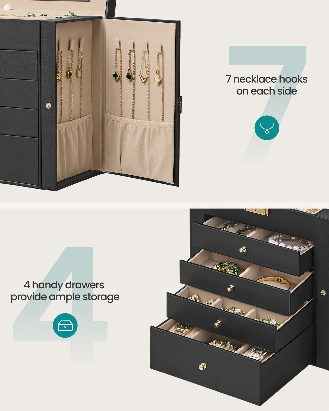Jewellery Box 5 Layers 4 Drawers Mirror - PU and MDF - Ink Black