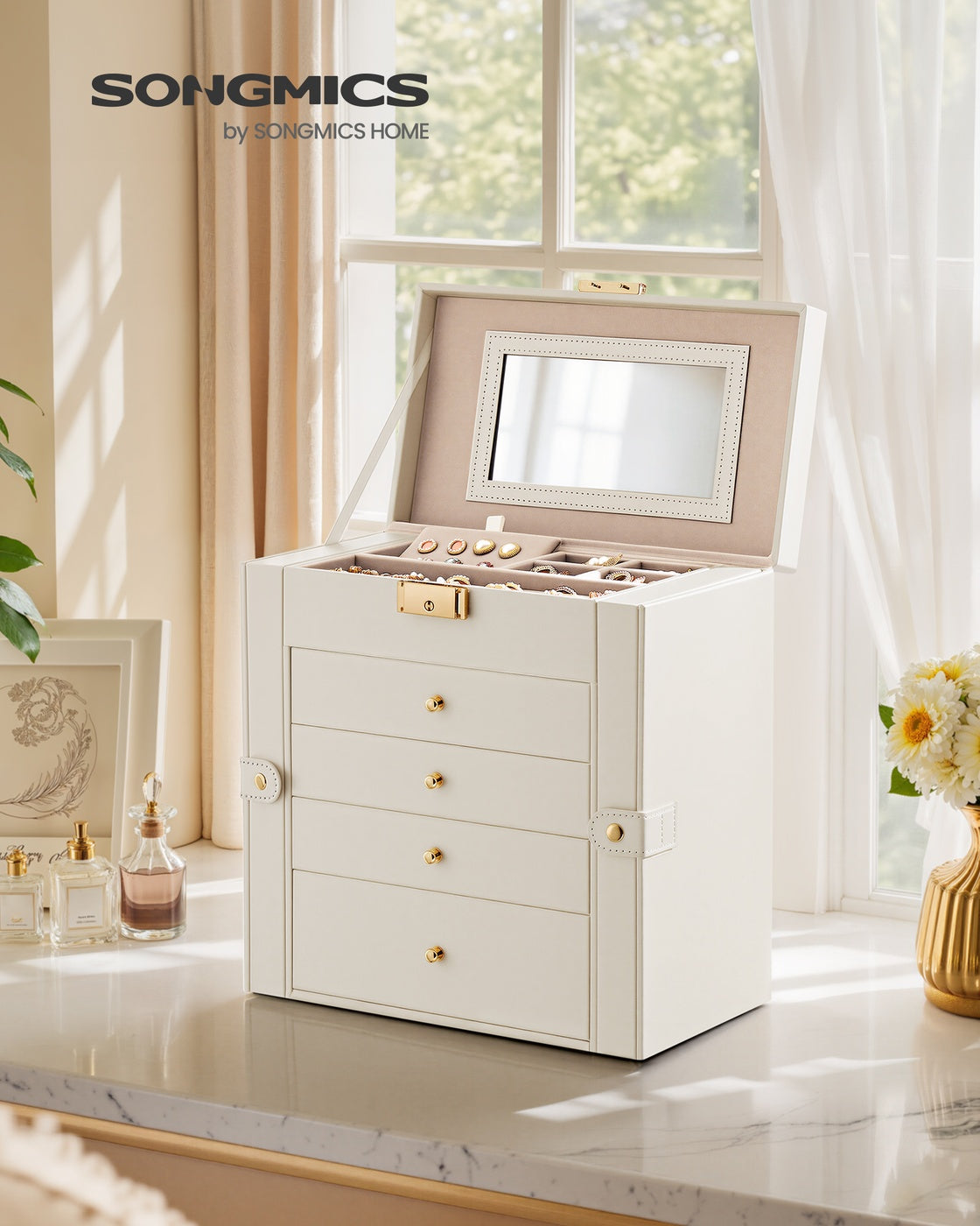 Jewellery Box 5 Layers Storage Case - PU and MDF - Cream White