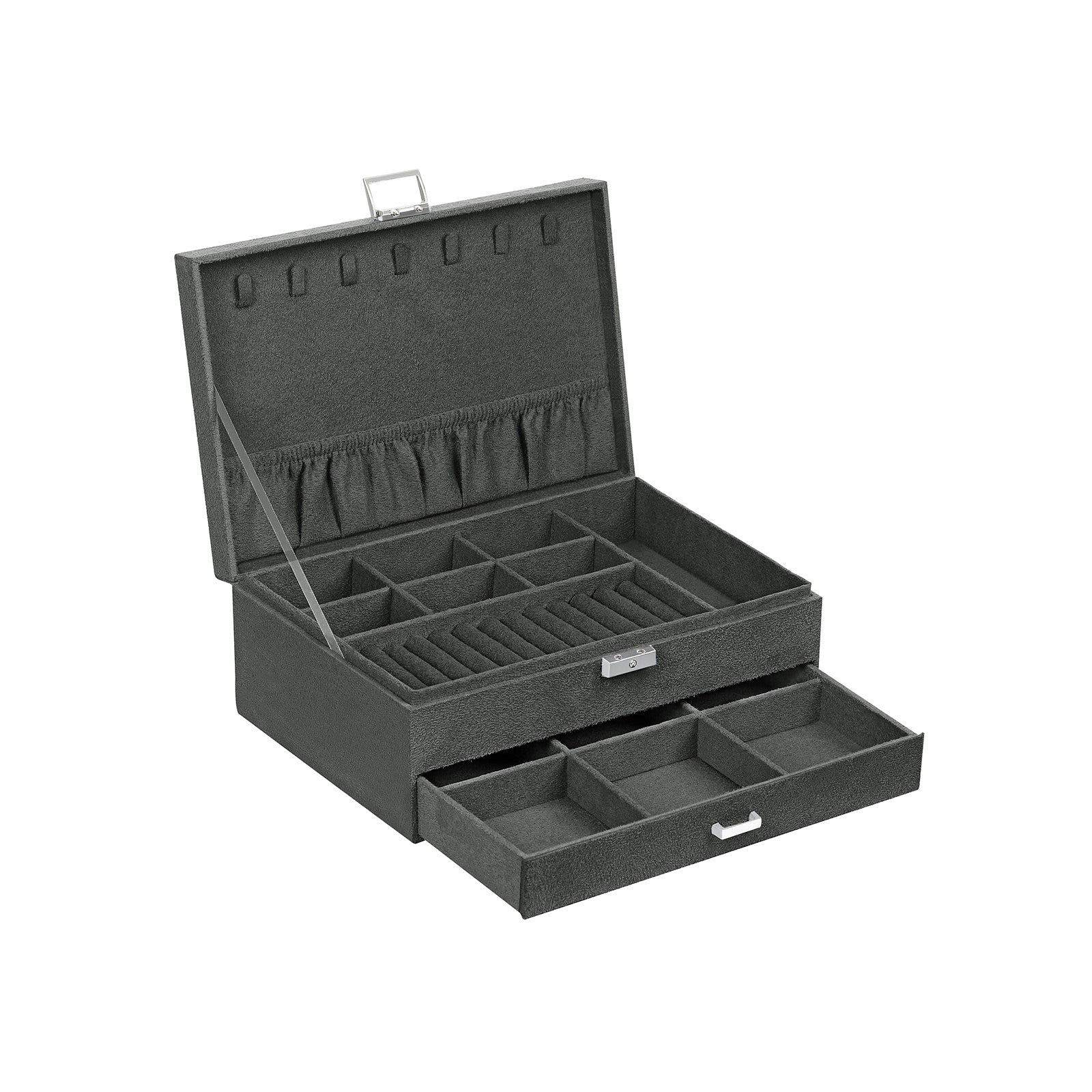 Jewellery Box - Wood - Black - 2 Levels with Drawer and Key