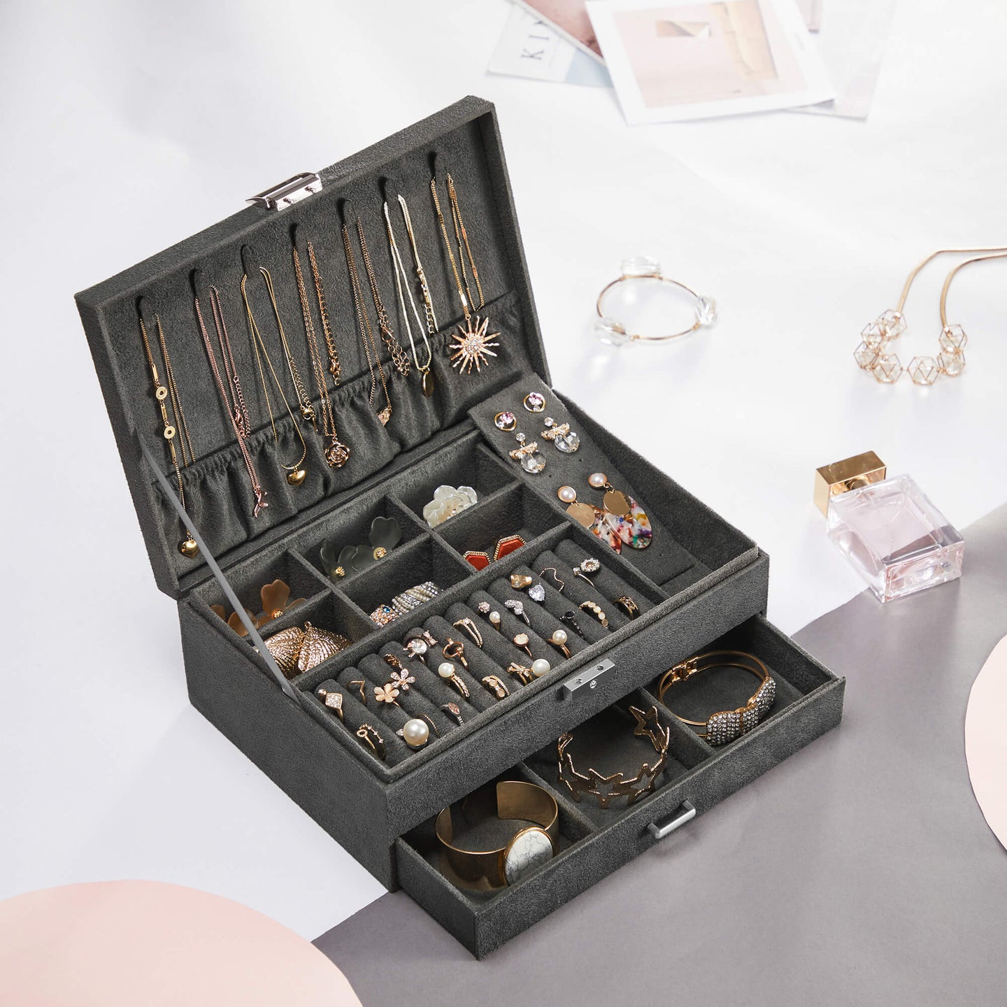 Jewellery Box - Wood - Black - 2 Levels with Drawer and Key