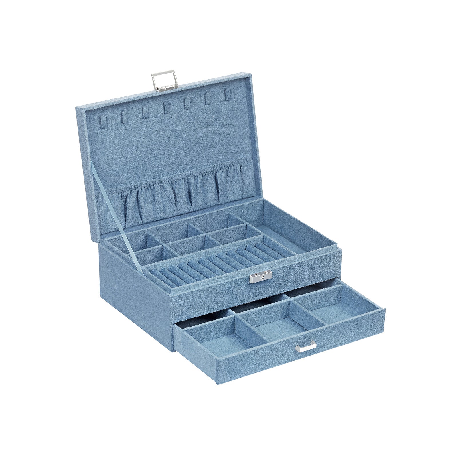 Jewellery Box - Faux Leather - Blue - 2 Levels with Drawer and Key