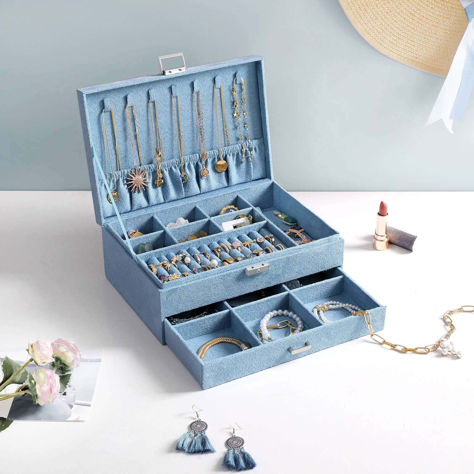Jewellery Box - Faux Leather - Blue - 2 Levels with Drawer and Key