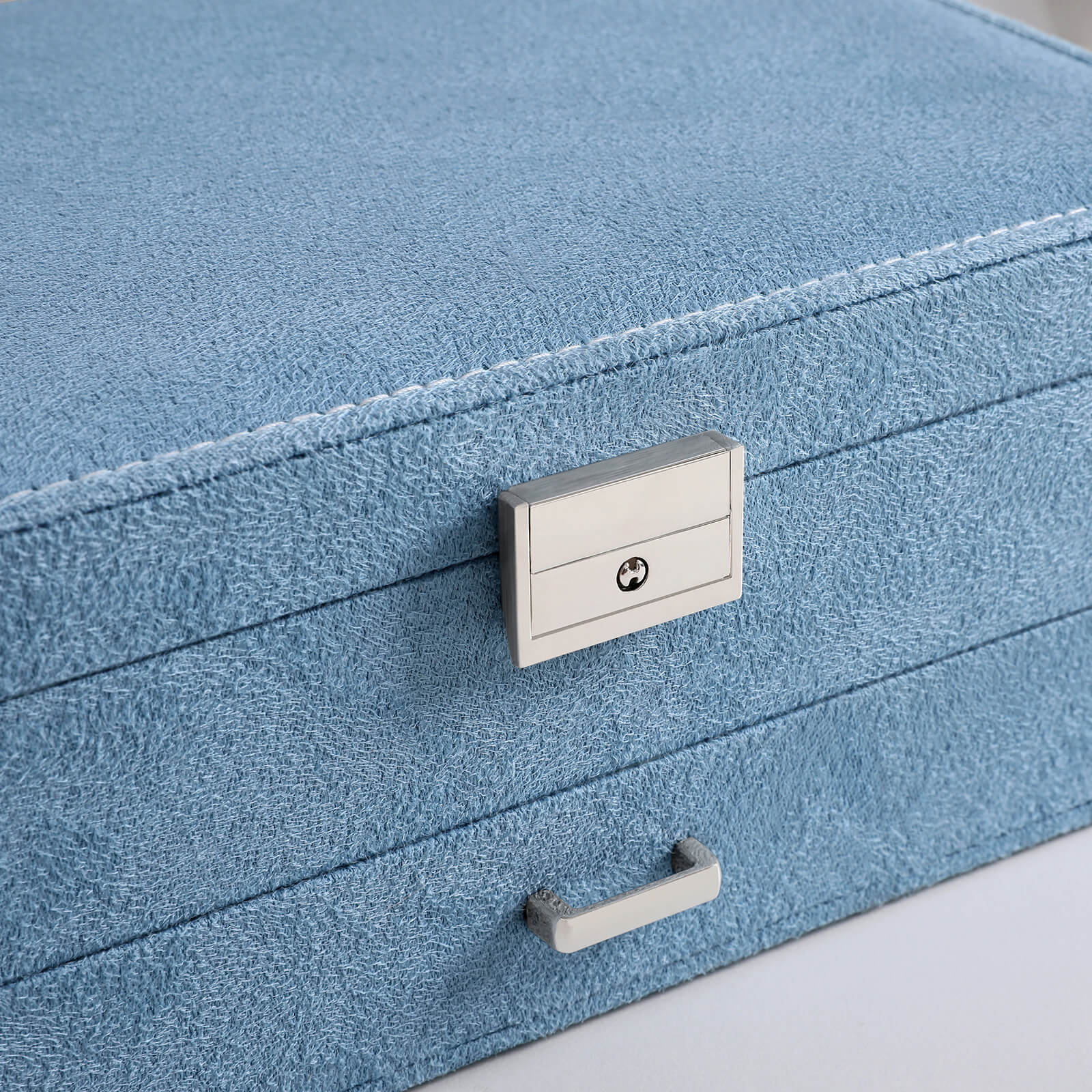 Jewellery Box - Faux Leather - Blue - 2 Levels with Drawer and Key