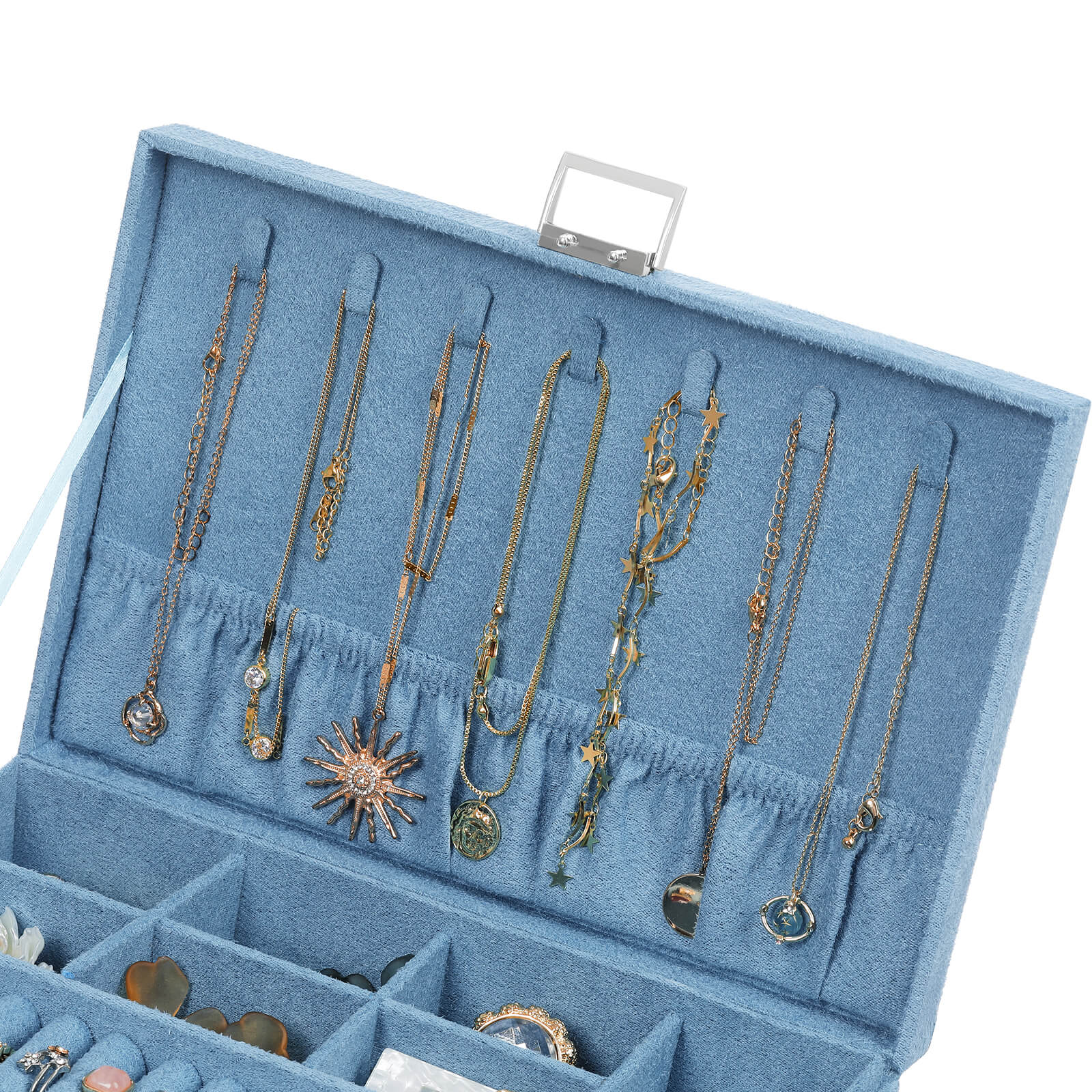 Jewellery Box - Faux Leather - Blue - 2 Levels with Drawer and Key