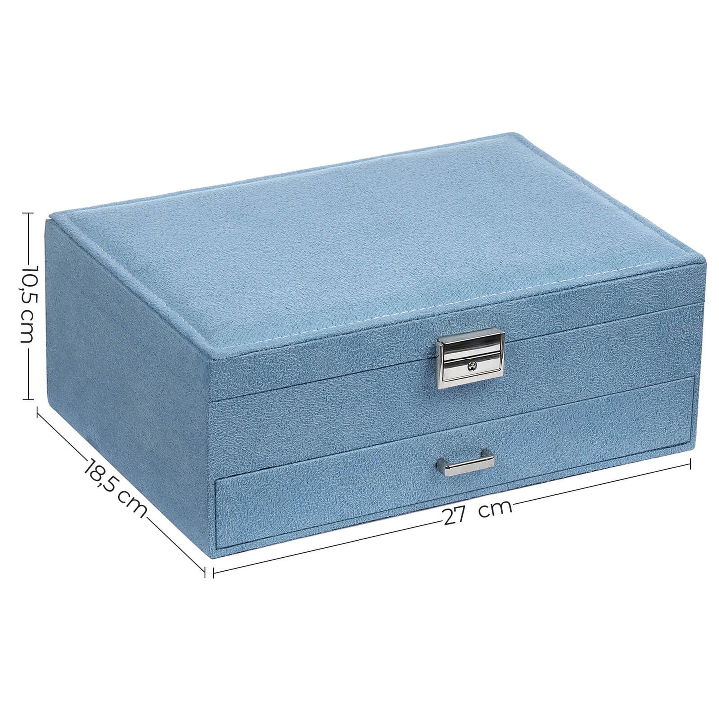 Jewellery Box - Faux Leather - Blue - 2 Levels with Drawer and Key