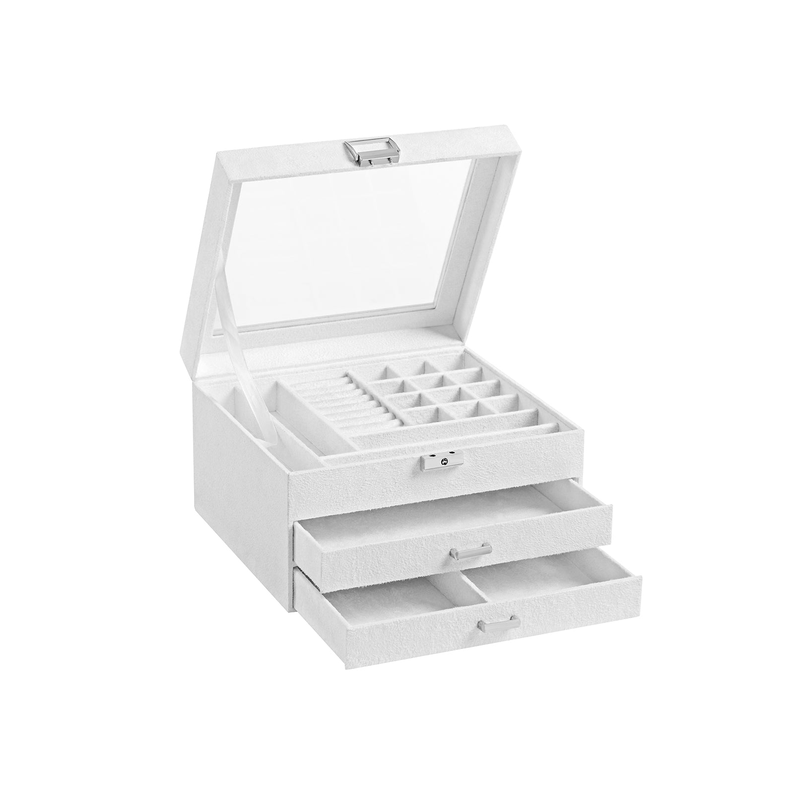 3-Tier Jewellery Box - Velvet - Grey - Clear Glass Lid with Lock and Key