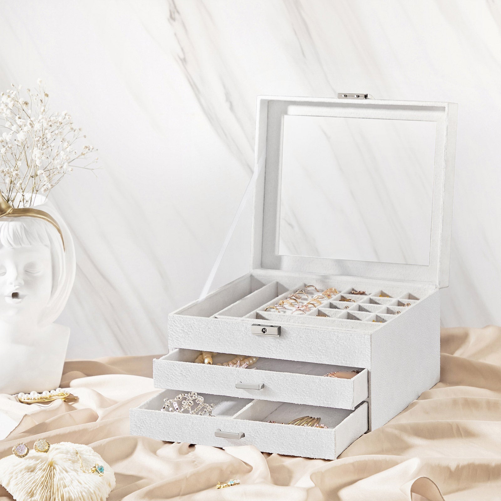 Jewellery Box - Velvet - White - 3-Tier Display Case with Clear Glass Lid and Lock