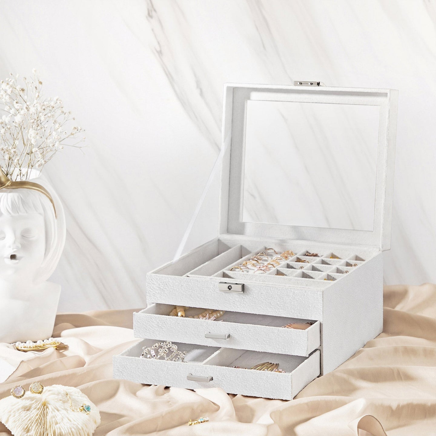 Jewellery Box - Velvet - White - 3-Tier Display Case with Clear Glass Lid and Lock