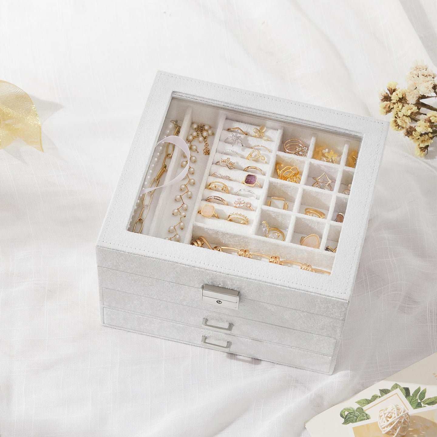 Jewellery Box - Velvet - White - 3-Tier Display Case with Clear Glass Lid and Lock