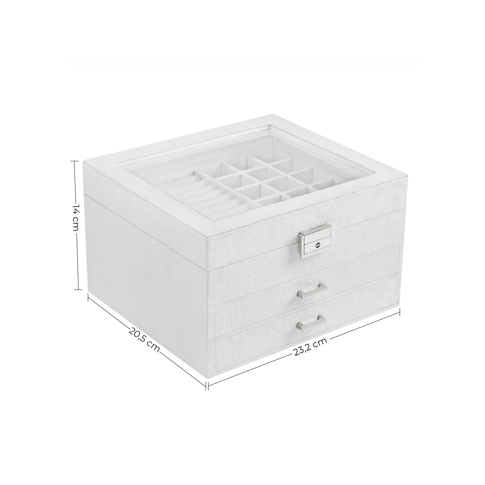 Jewellery Box - Velvet - White - 3-Tier Display Case with Clear Glass Lid and Lock