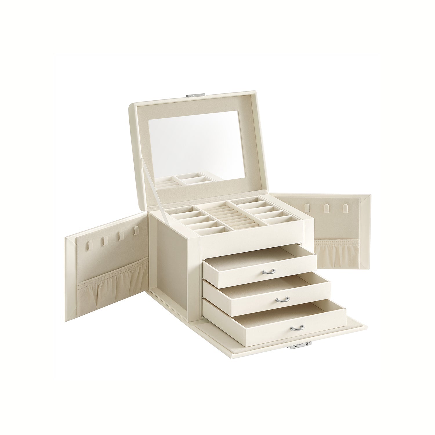 Jewellery Box - Wood - Cream White - 4-Tier with Handle and Drawers