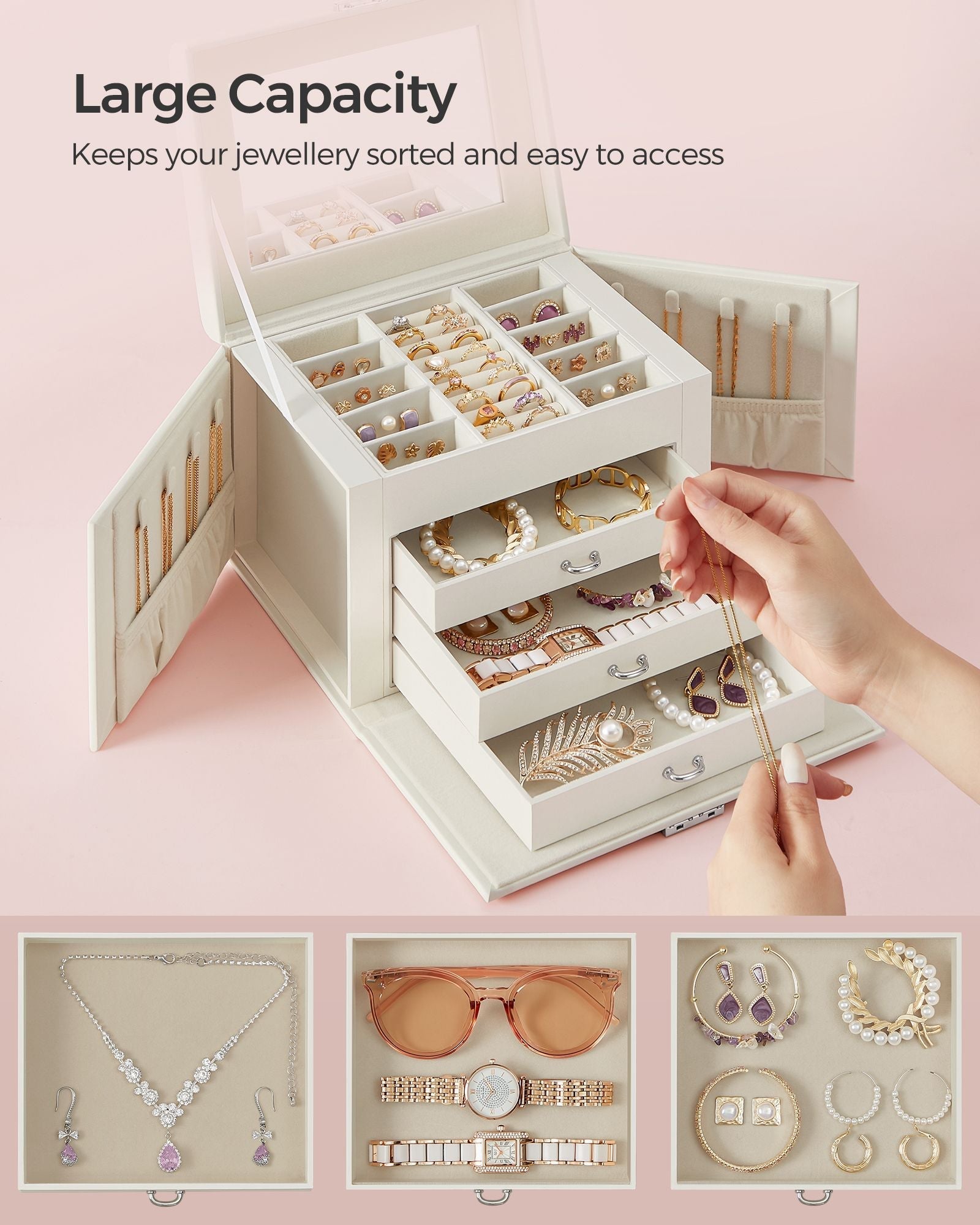 Jewellery Box - Wood - Cream White - 4-Tier with Handle and Drawers