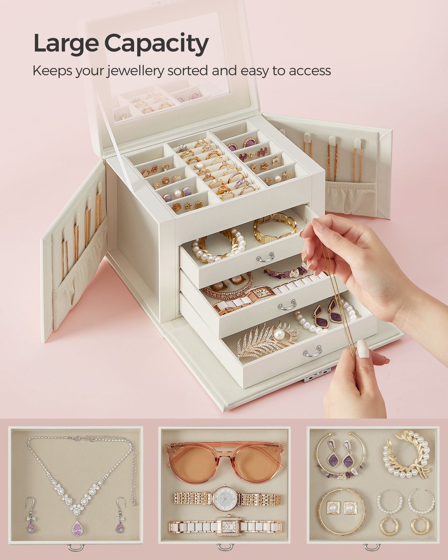 Jewellery Box - Wood - Cream White - 4-Tier with Handle and Drawers