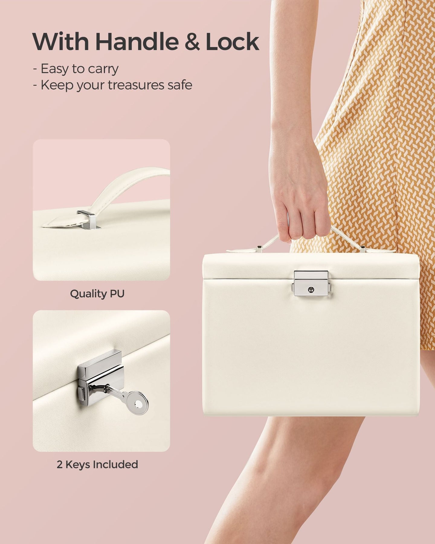 Jewellery Box - Wood - Cream White - 4-Tier with Handle and Drawers