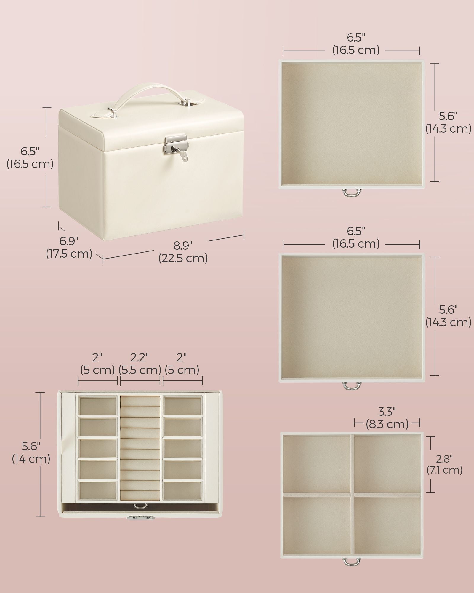 Jewellery Box - Wood - Cream White - 4-Tier with Handle and Drawers