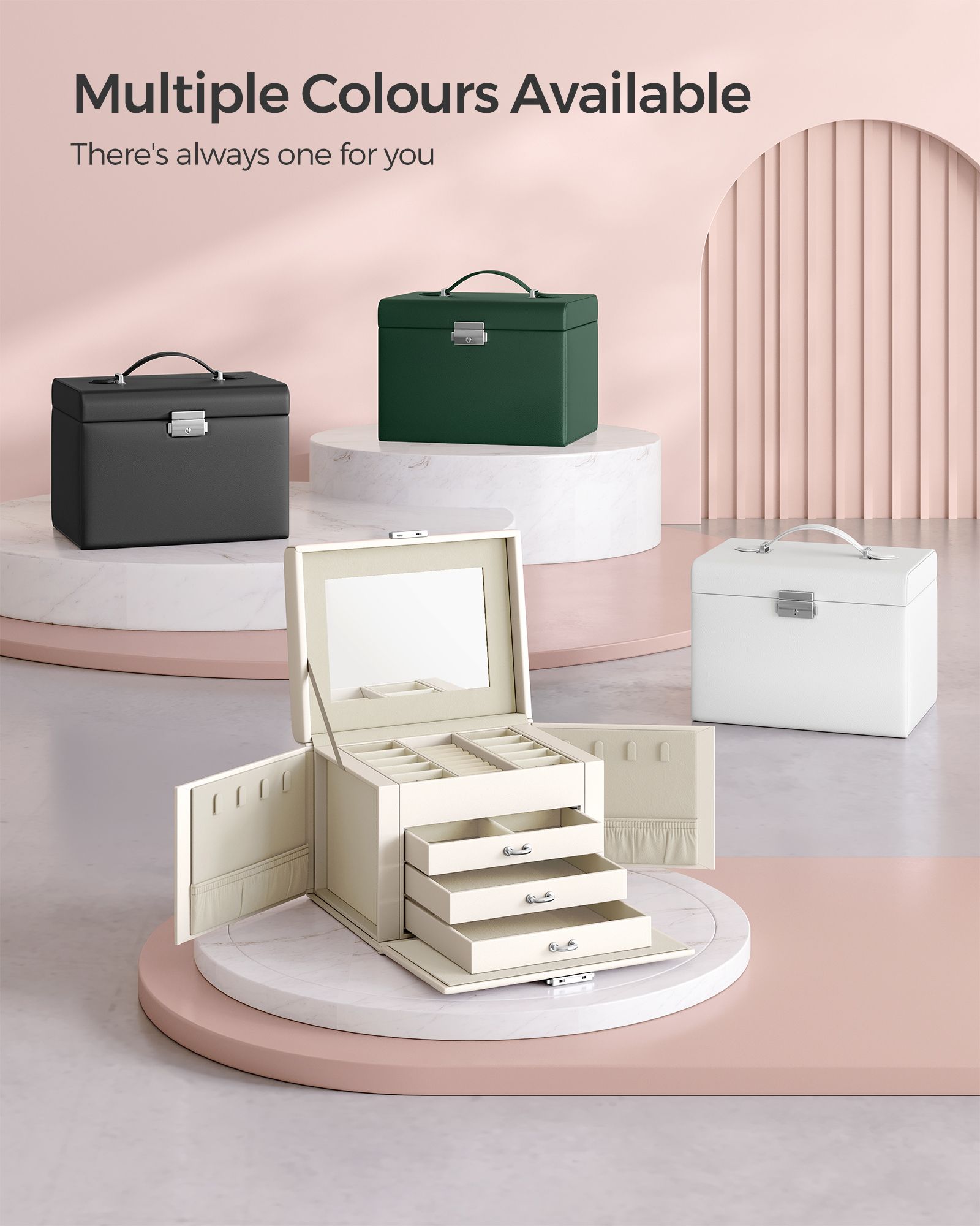 Jewellery Box - Wood - Cream White - 4-Tier with Handle and Drawers