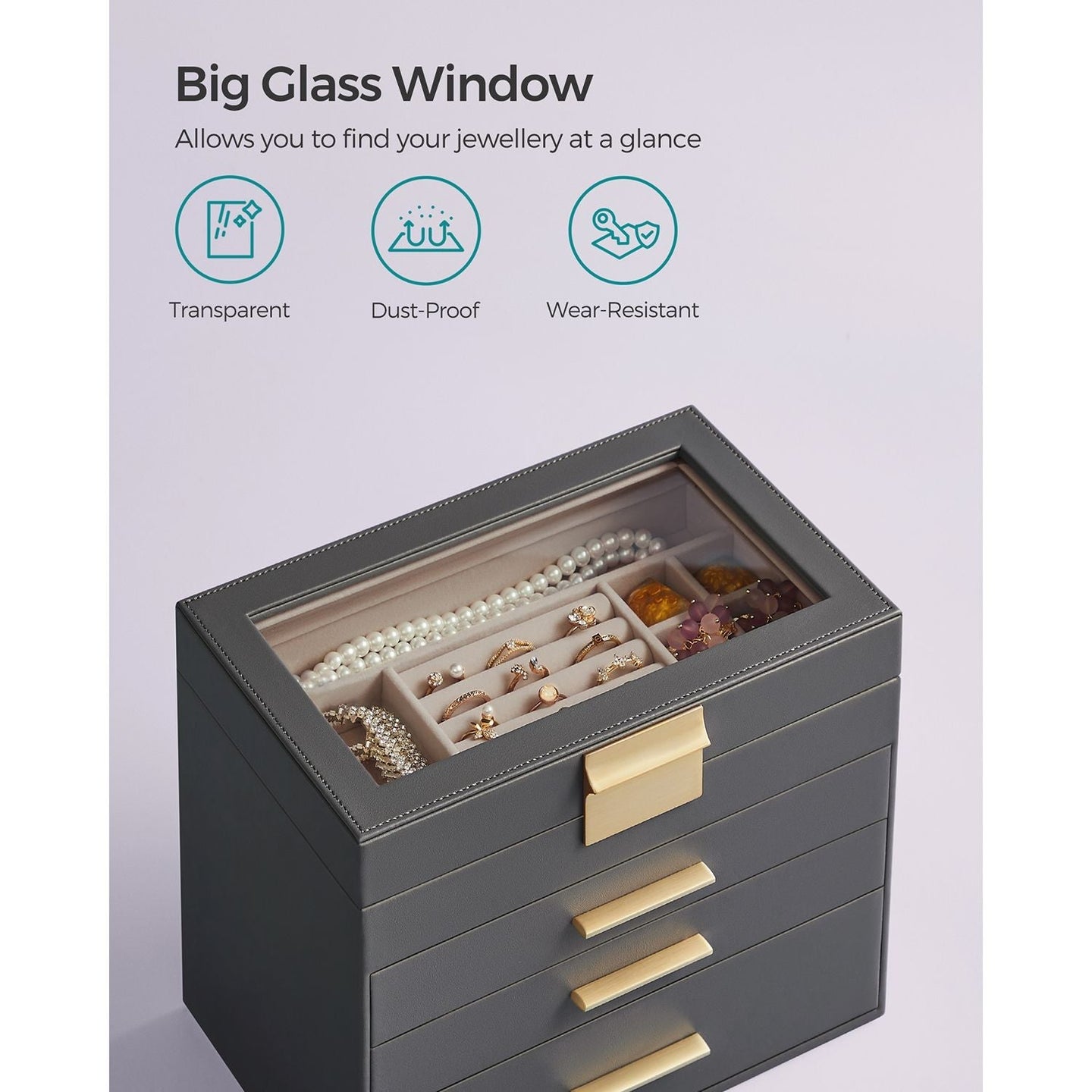 Jewellery Box - Glass - Grey and Gold - 4-Tier Organiser with 3 Drawers