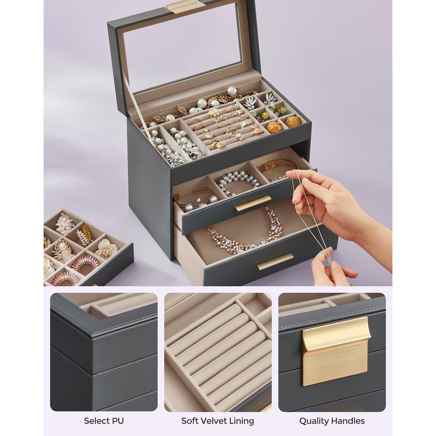Jewellery Box - Glass - Grey and Gold - 4-Tier Organiser with 3 Drawers