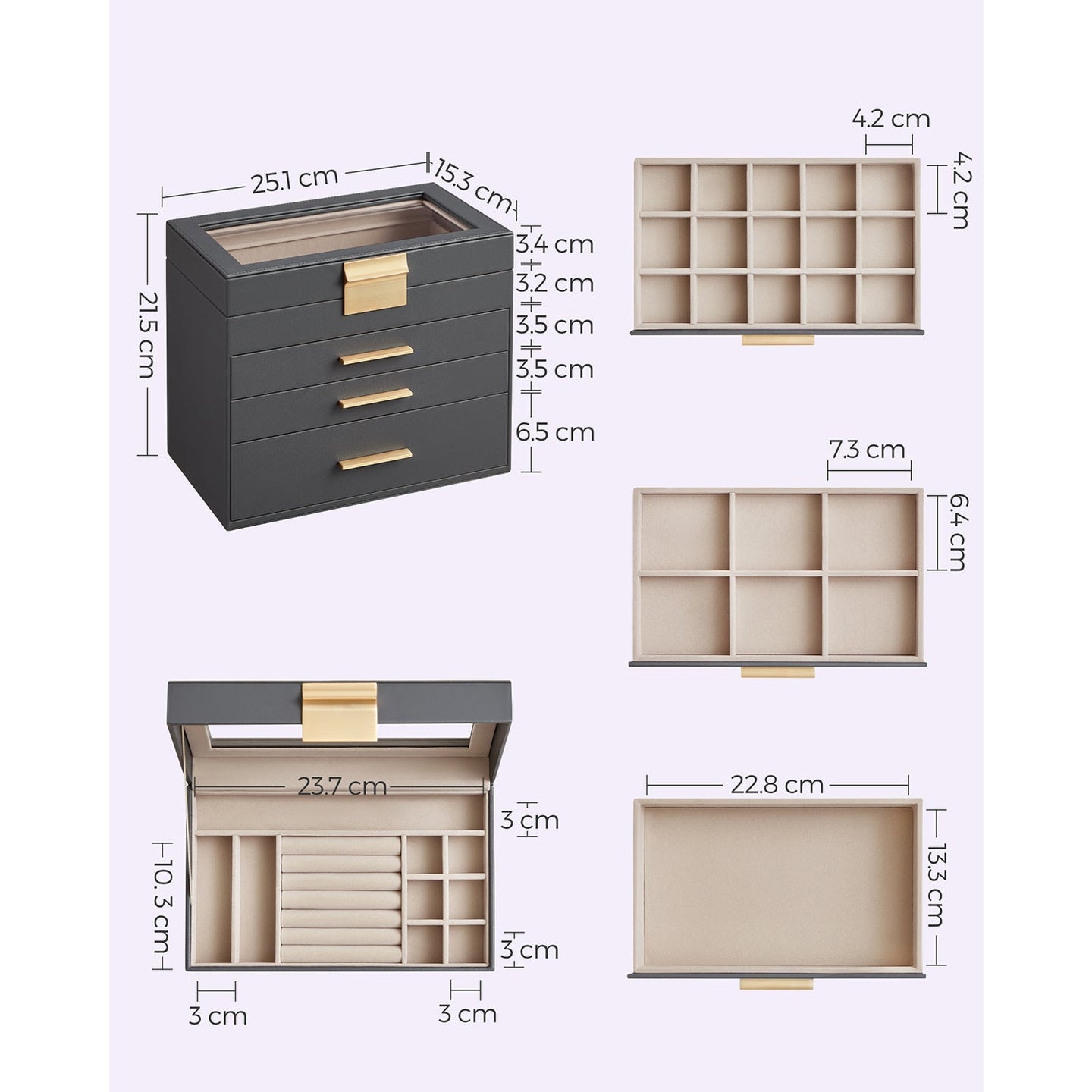 Jewellery Box - Glass - Grey and Gold - 4-Tier Organiser with 3 Drawers