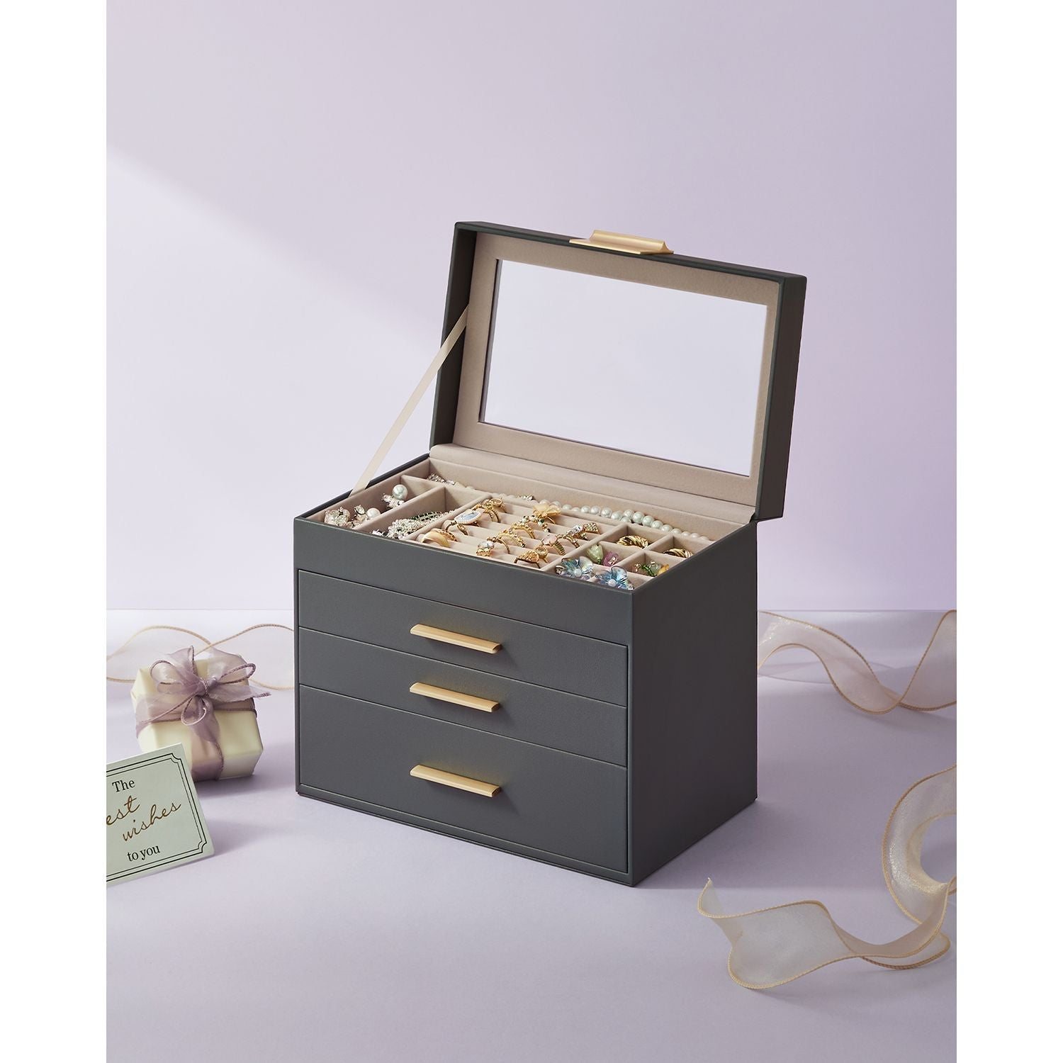 Jewellery Box - Glass - Grey and Gold - 4-Tier Organiser with 3 Drawers