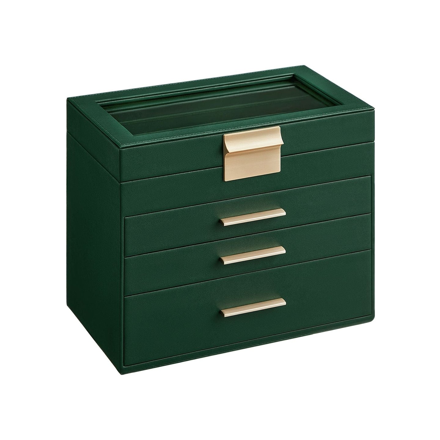 Jewellery Box - 4-Tier with Drawers - Glass - Forest Green and Gold