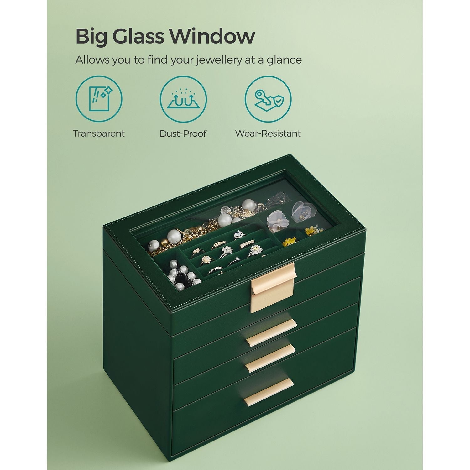 Jewellery Box - 4-Tier with Drawers - Glass - Forest Green and Gold
