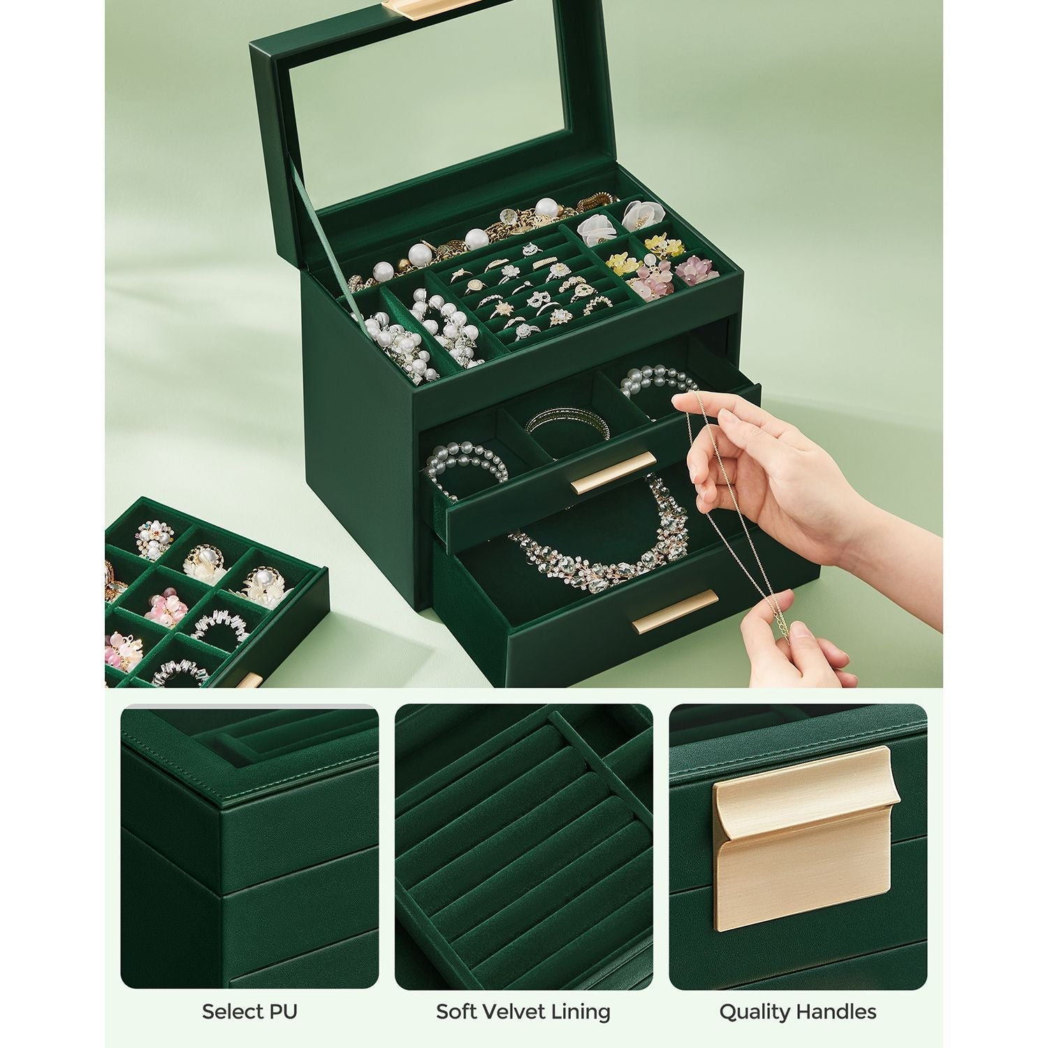 Jewellery Box - 4-Tier with Drawers - Glass - Forest Green and Gold