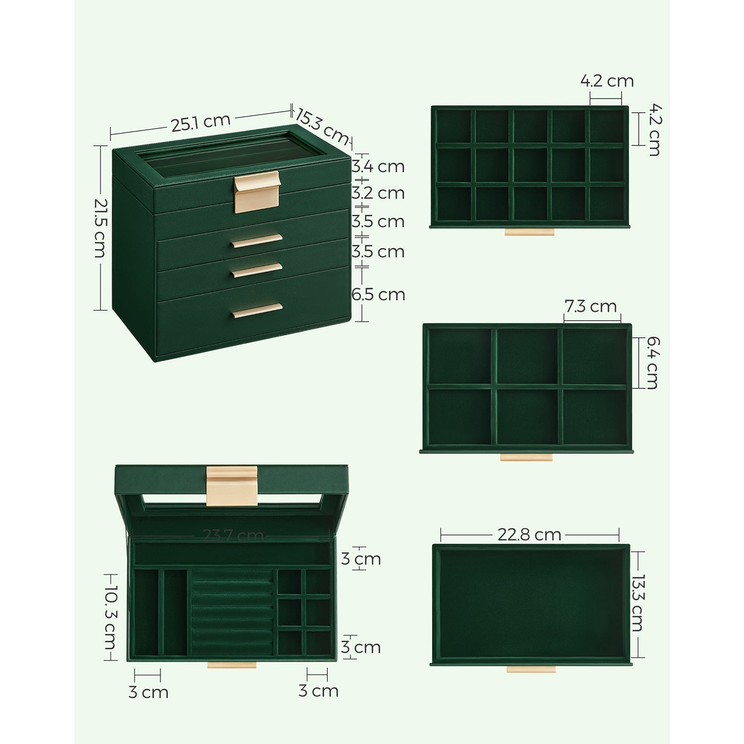 Jewellery Box - 4-Tier with Drawers - Glass - Forest Green and Gold