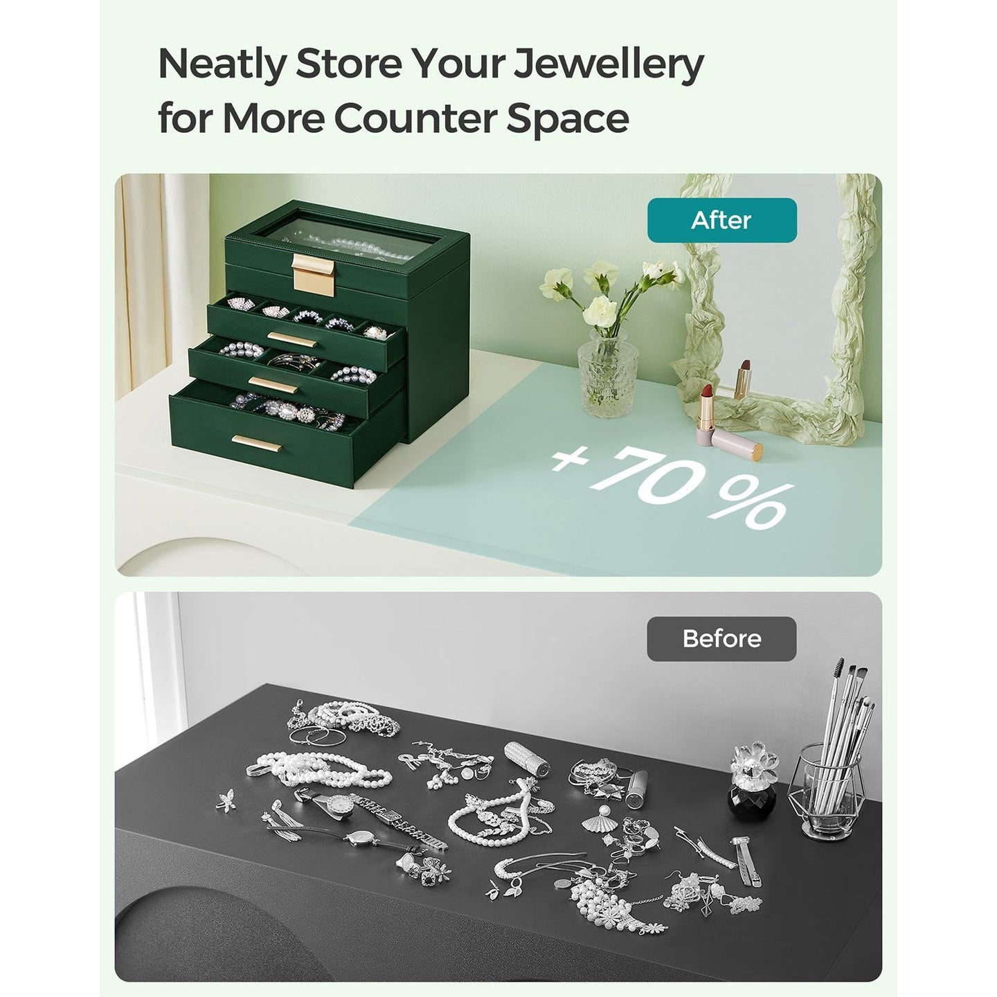 Jewellery Box - 4-Tier with Drawers - Glass - Forest Green and Gold