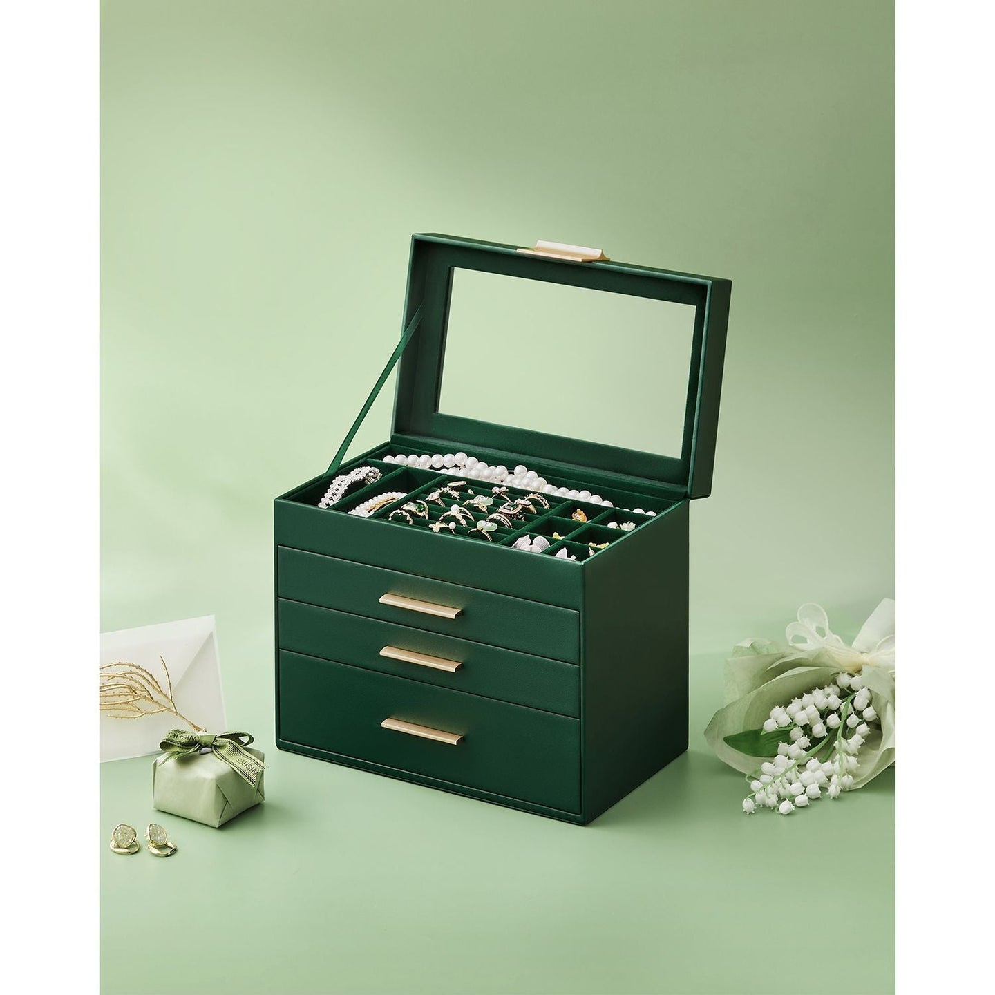 Jewellery Box - 4-Tier with Drawers - Glass - Forest Green and Gold