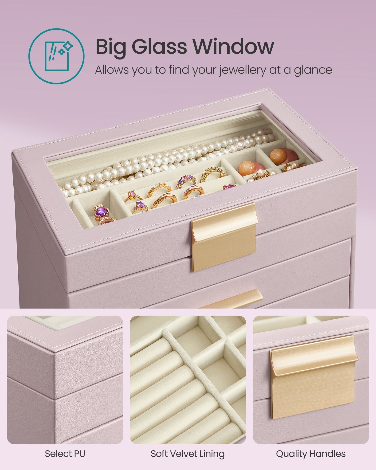 4-Tier Jewellery Box - Glass - Lavender Purple and Gold