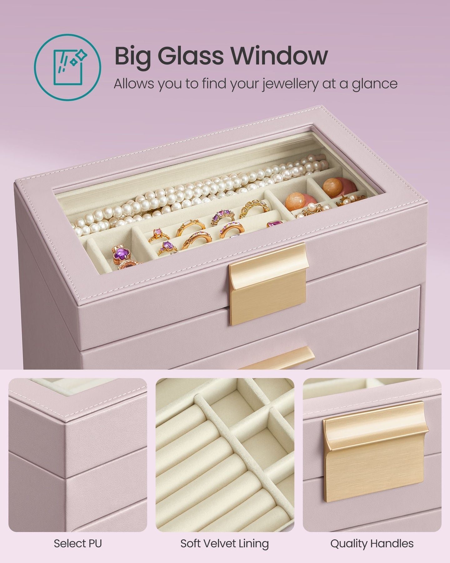 4-Tier Jewellery Box - Glass - Lavender Purple and Gold