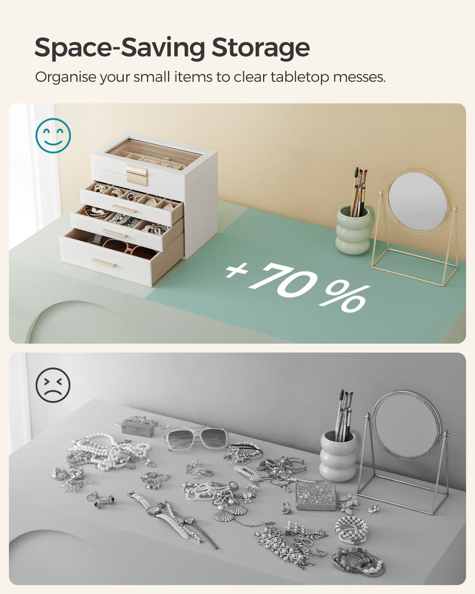 Jewellery Box - Glass - Grey and Gold - 4-Tier Organiser with 3 Drawers