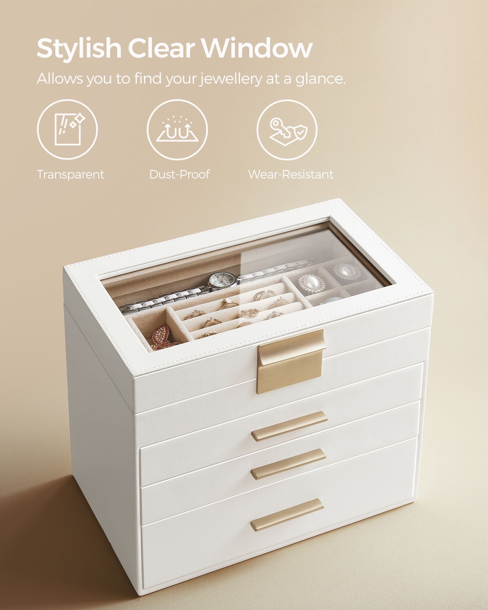 Jewellery Box - Glass - Grey and Gold - 4-Tier Organiser with 3 Drawers