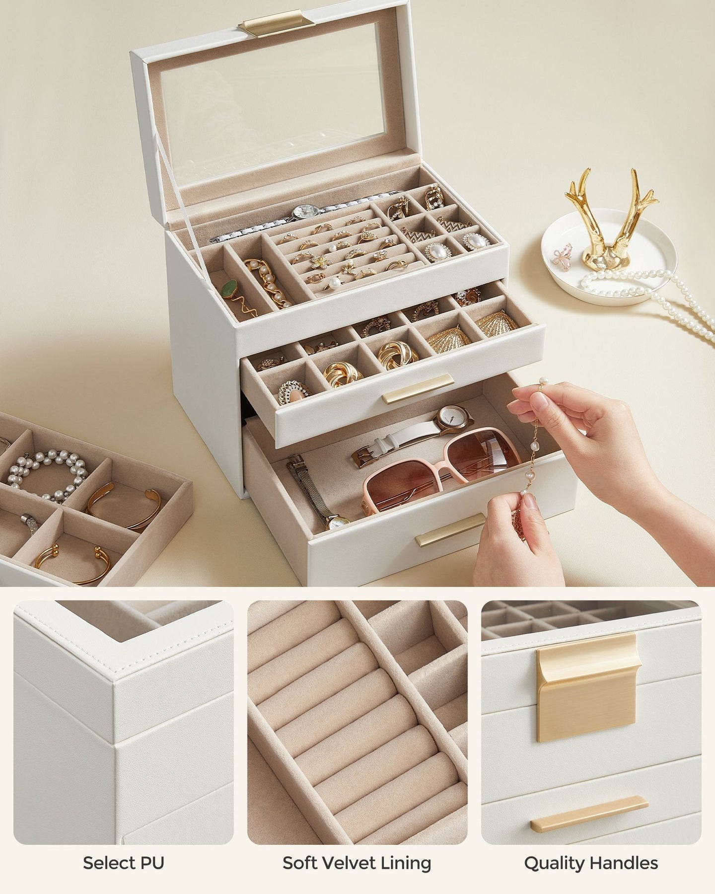 Jewellery Box - Glass - Grey and Gold - 4-Tier Organiser with 3 Drawers