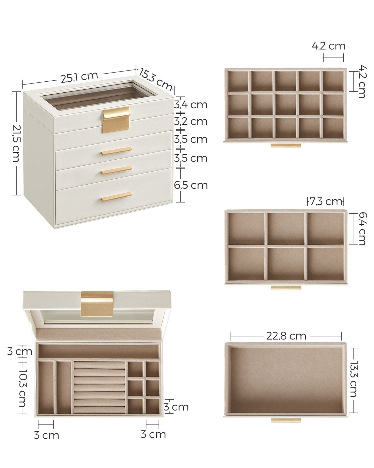 Jewellery Box - Glass - Grey and Gold - 4-Tier Organiser with 3 Drawers