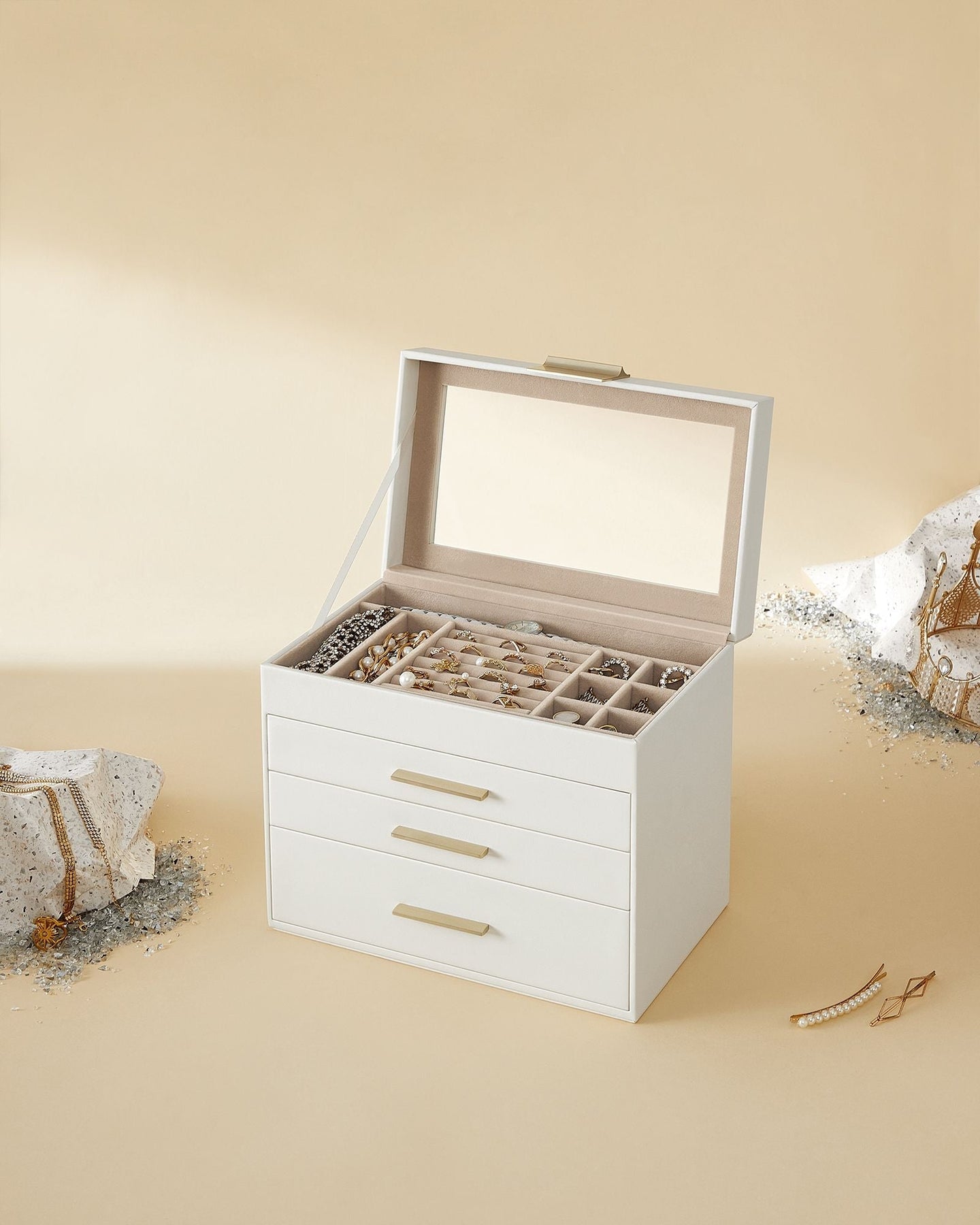 Jewellery Box - Glass - Grey and Gold - 4-Tier Organiser with 3 Drawers