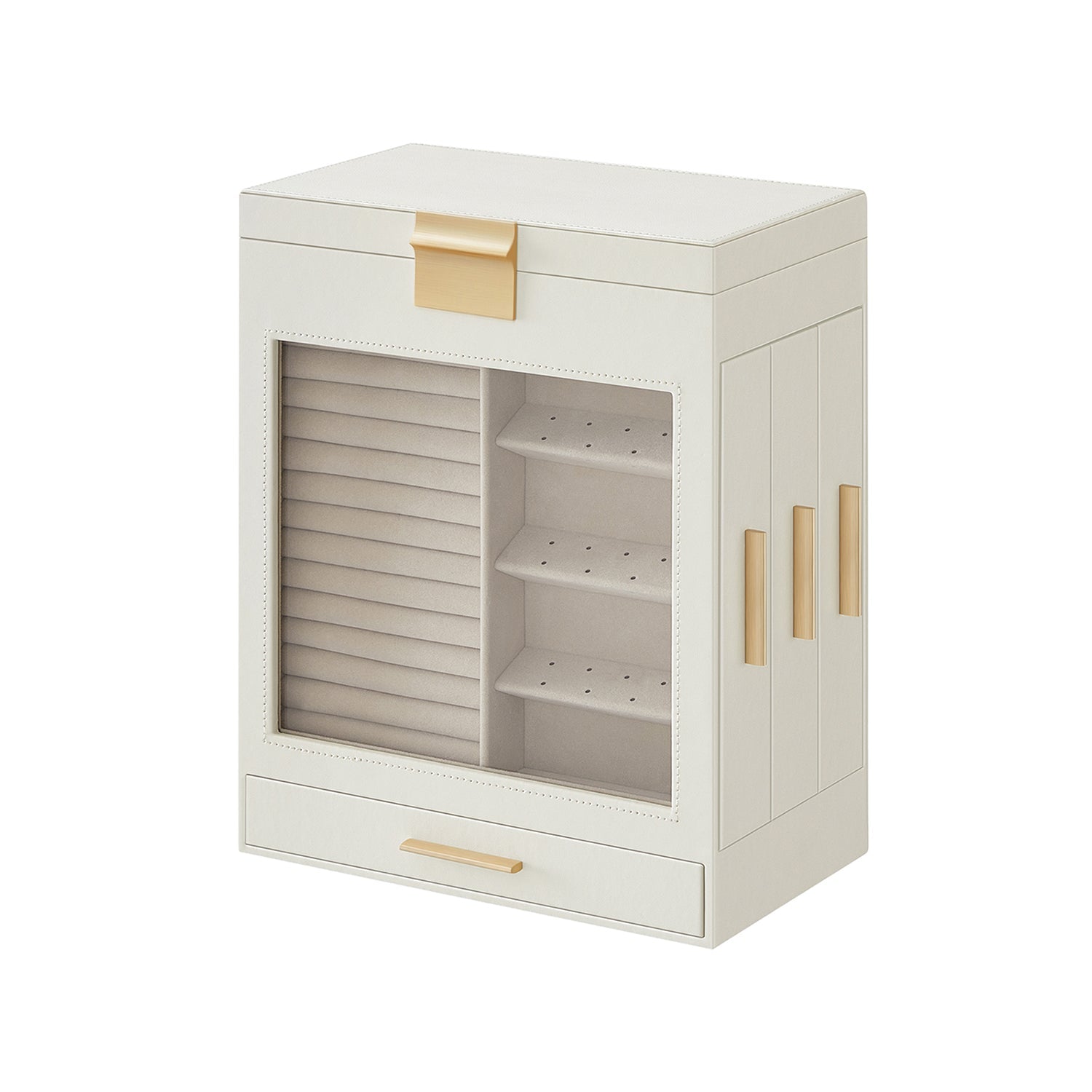 Jewellery Box - Glass - Cloud White - 5-Layer Organiser with 3 Side Drawers and Big Mirror